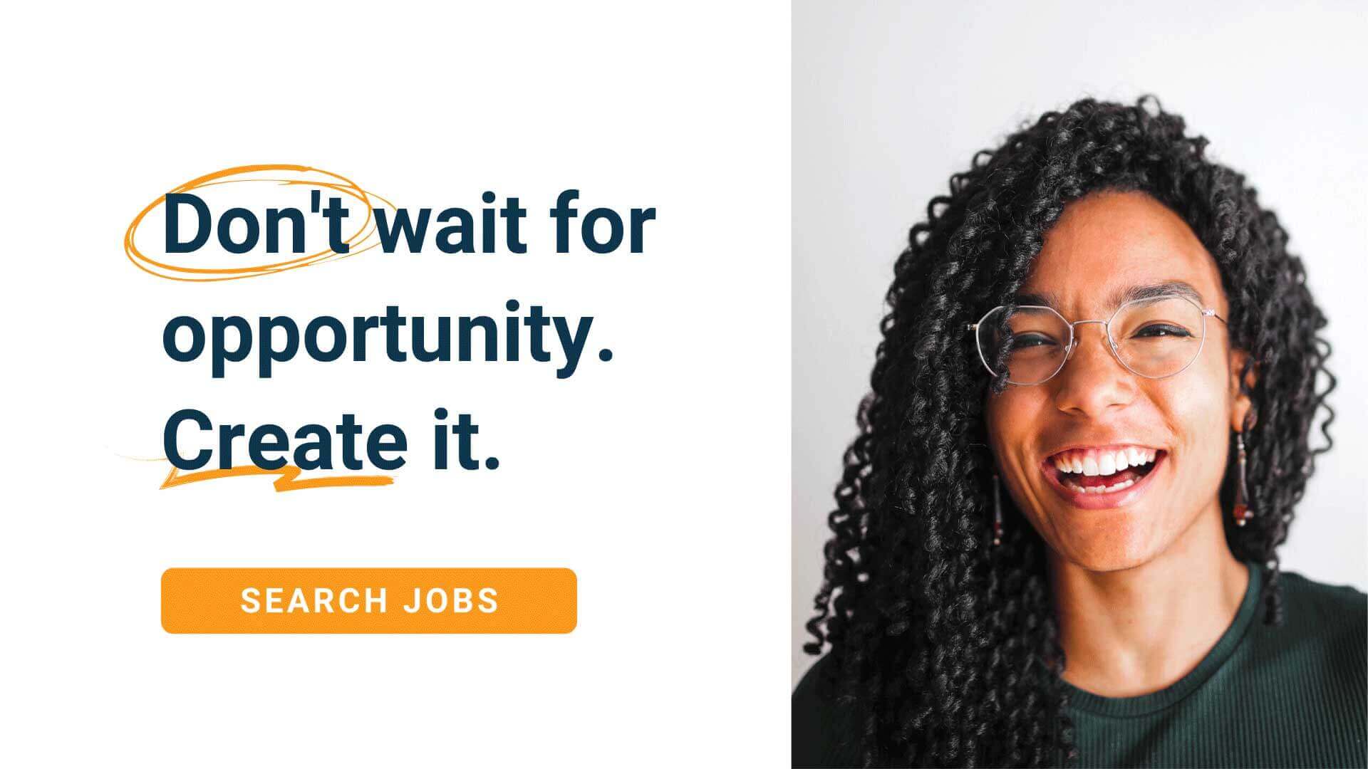 woman with glasses smiling about new job